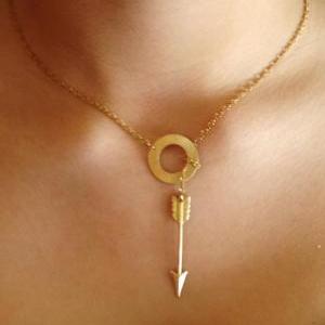 Gold Piercing Arrow Lariat Necklace