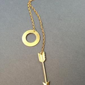 Gold Piercing Arrow Lariat Necklace
