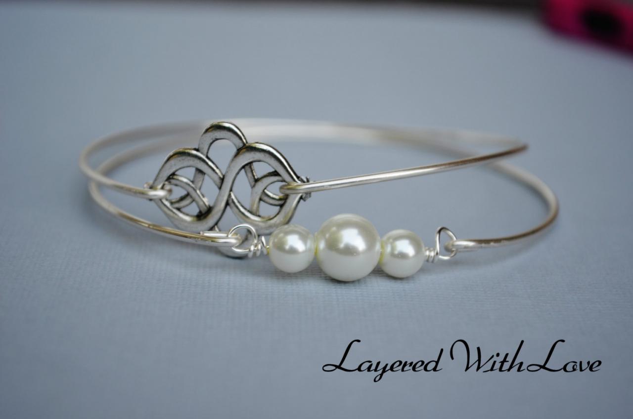Silver Celtic Knot Bangle Set- Silver Bracelet- Geometric Bangle- Knot- Pearl Jewelry- Bridesmaids Gifts- Minimalist Jewelry