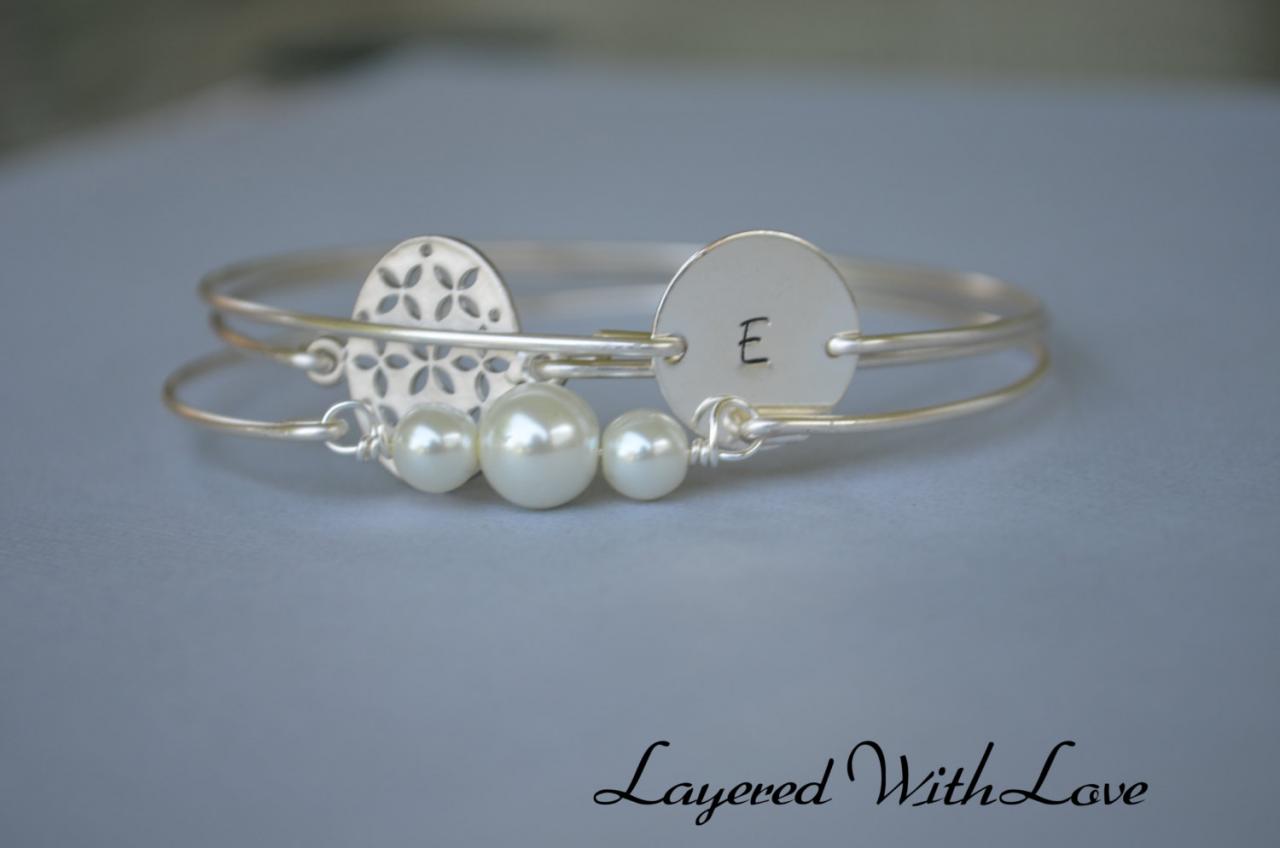 Silver Bangle Set- Silver Bracelet- Intial Bangle- Stamped Bangle- Personalized Bangle- Bridesmaids Gifts- Minimalist Jewelry