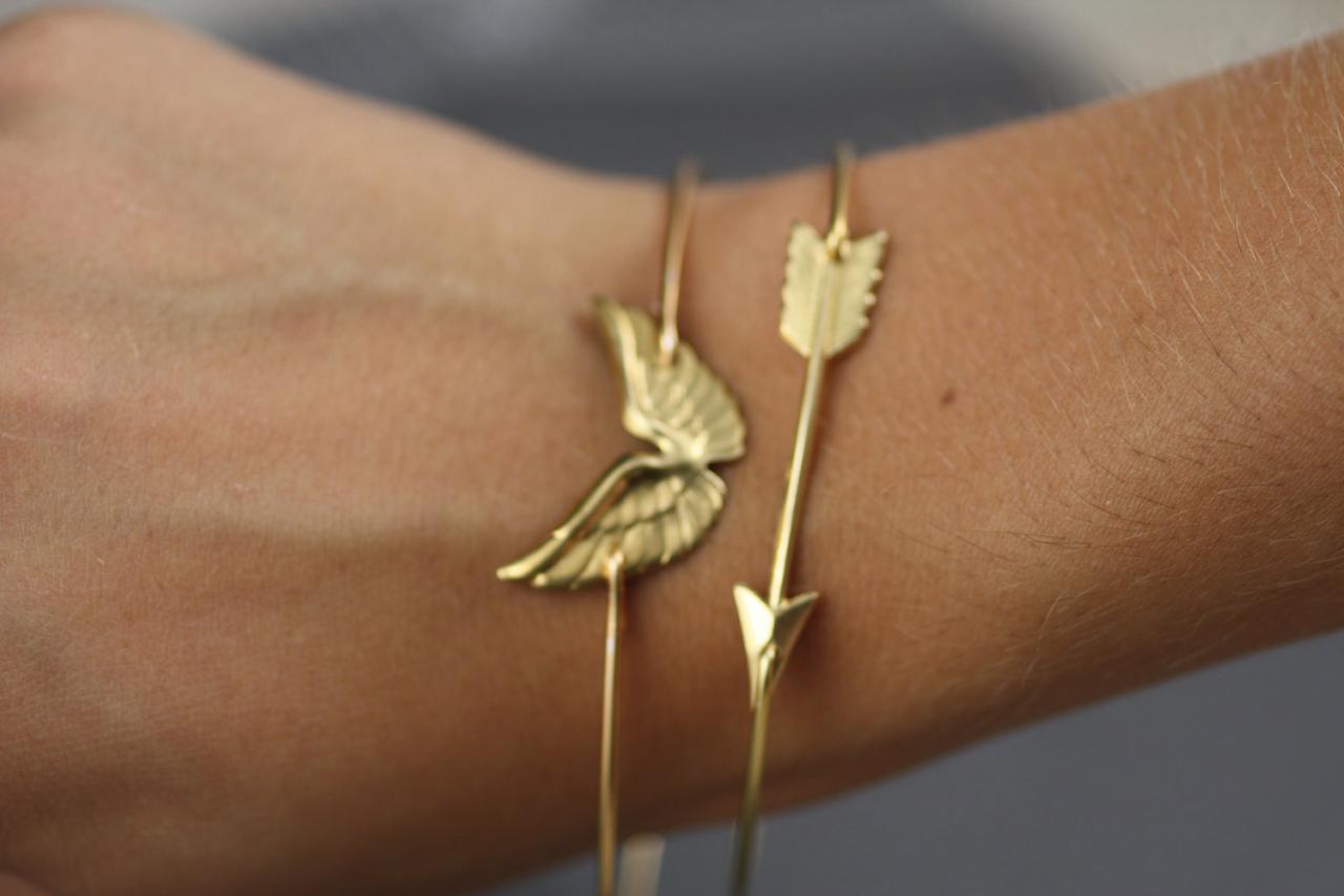 Arrow Bangle Bracelet- Wing Bangle Bracelet-simply Gold Wing And Arrow Bangle Bracelet- Hunger Games Inspired Jewelry- Bridesmaids Gifts