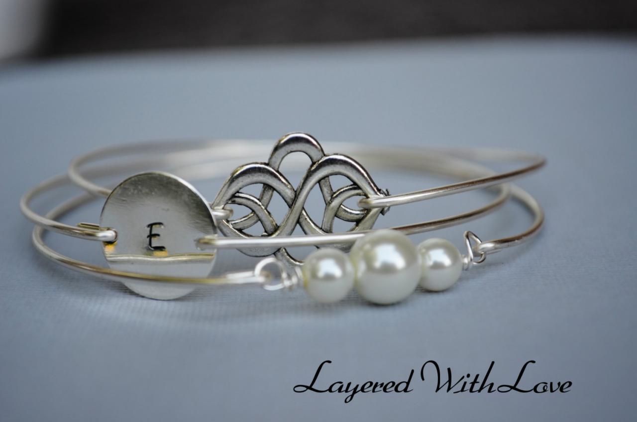 Silver Celtic Knot Bangle Set- Silver Bracelet- Intial Bangle- Stamped Bangle- Personalized Bangle- Bridesmaids Gifts- Minimalist Jewelry