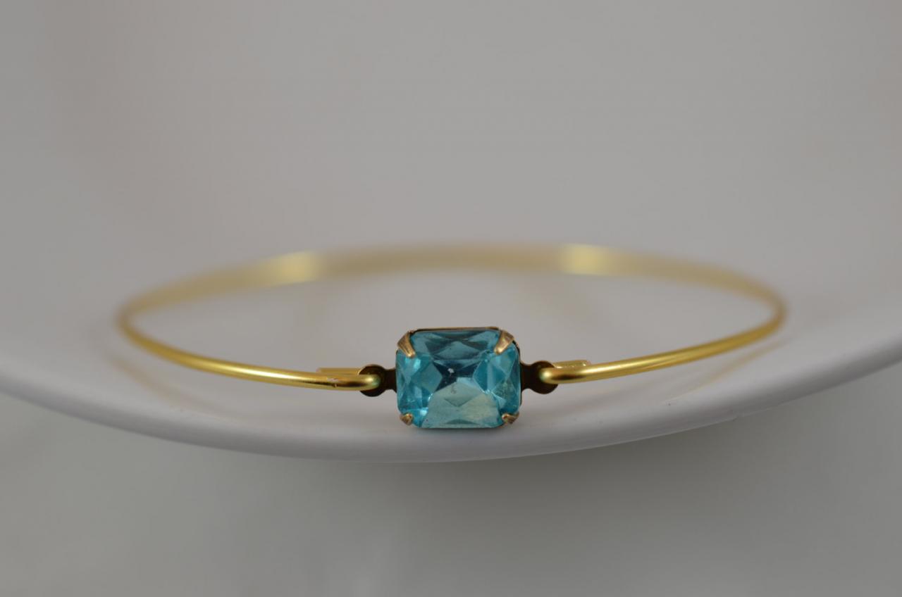 Light Sapphire Vintage Glass Bangle Bracelet- Gold Bangle Bracelet- Stone Bangle- Bridesmaids Gifts- Casual Wear- Minimalist