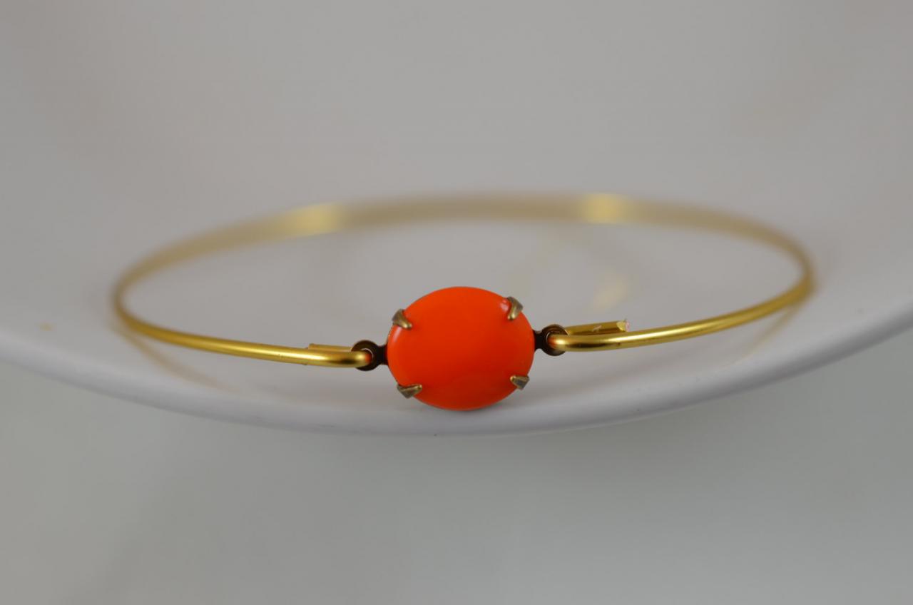 Opaque Orange Vintage Glass Bangle Bracelet- Gold Bangle Bracelet- Stone Bangle- Bridesmaids Gifts- Casual Wear- Minimalist