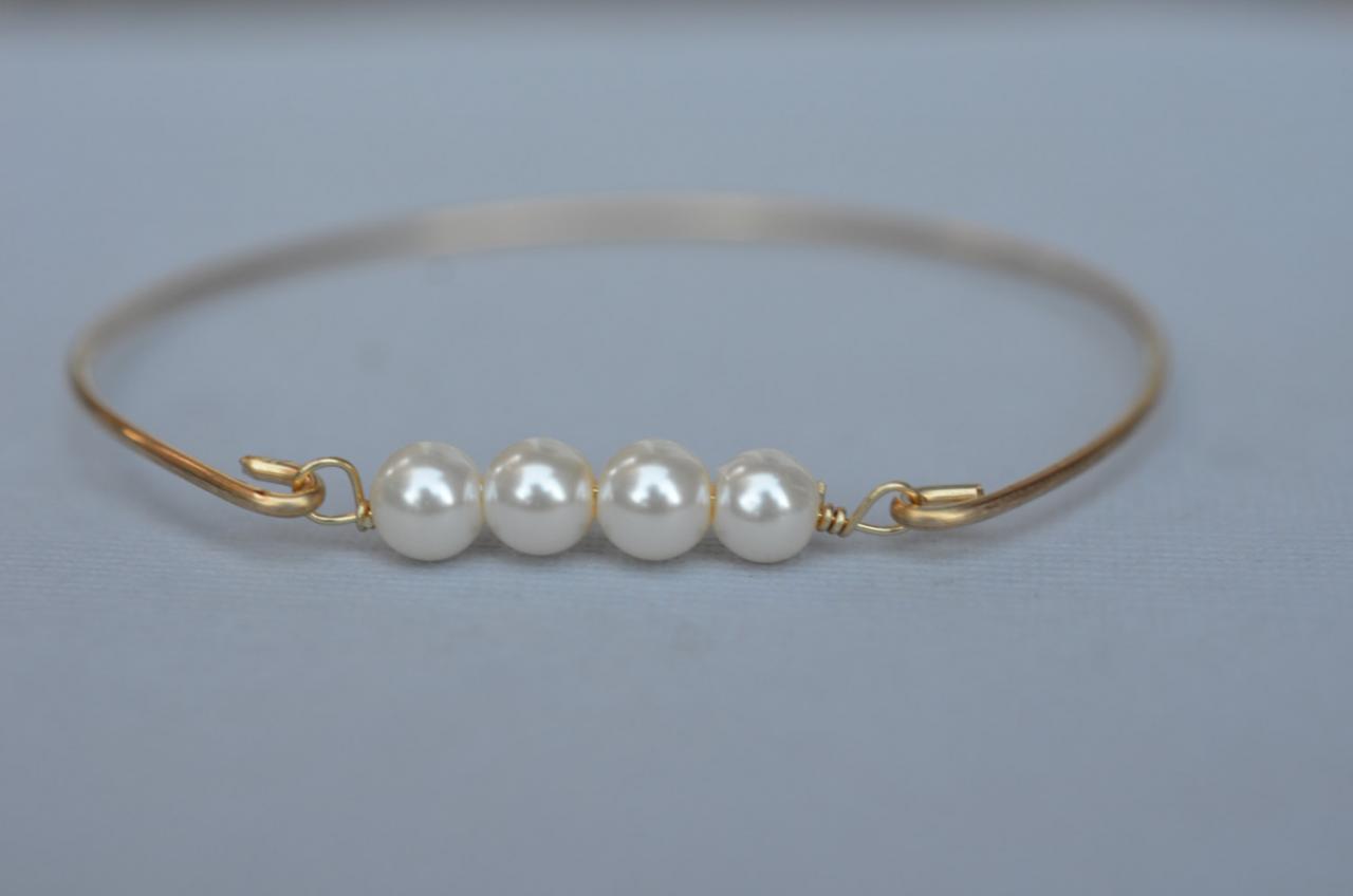 Four Lined Pearl Bangle Bracelet- Pearl Bangle- Gold Bangle- Silver Bangle- Pearl Jewelry- Bridesmaids Jewelry- Pearl Gifts