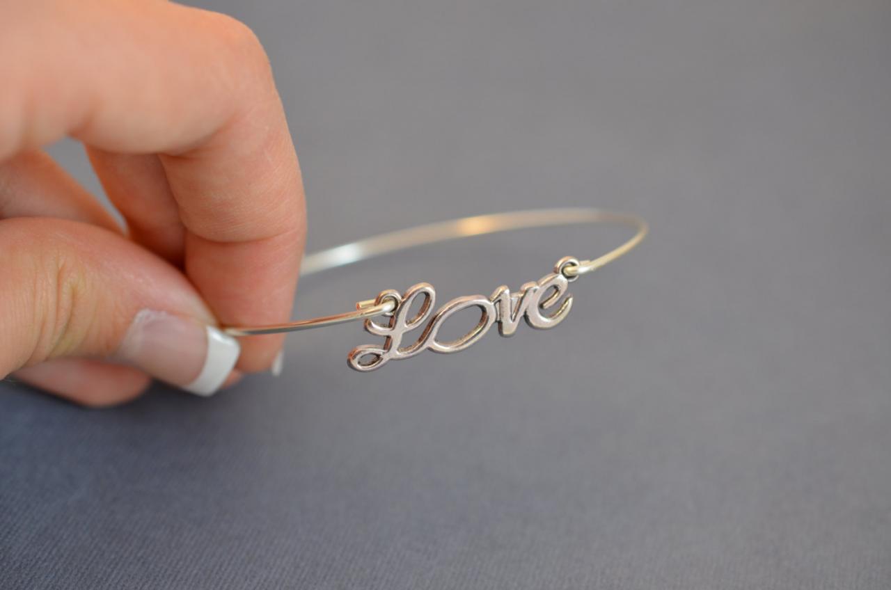 Love Bangle Bracelet- Silver Love Charm Jewelry- Bridesmaids Gifts- Minimalist Jewelry
