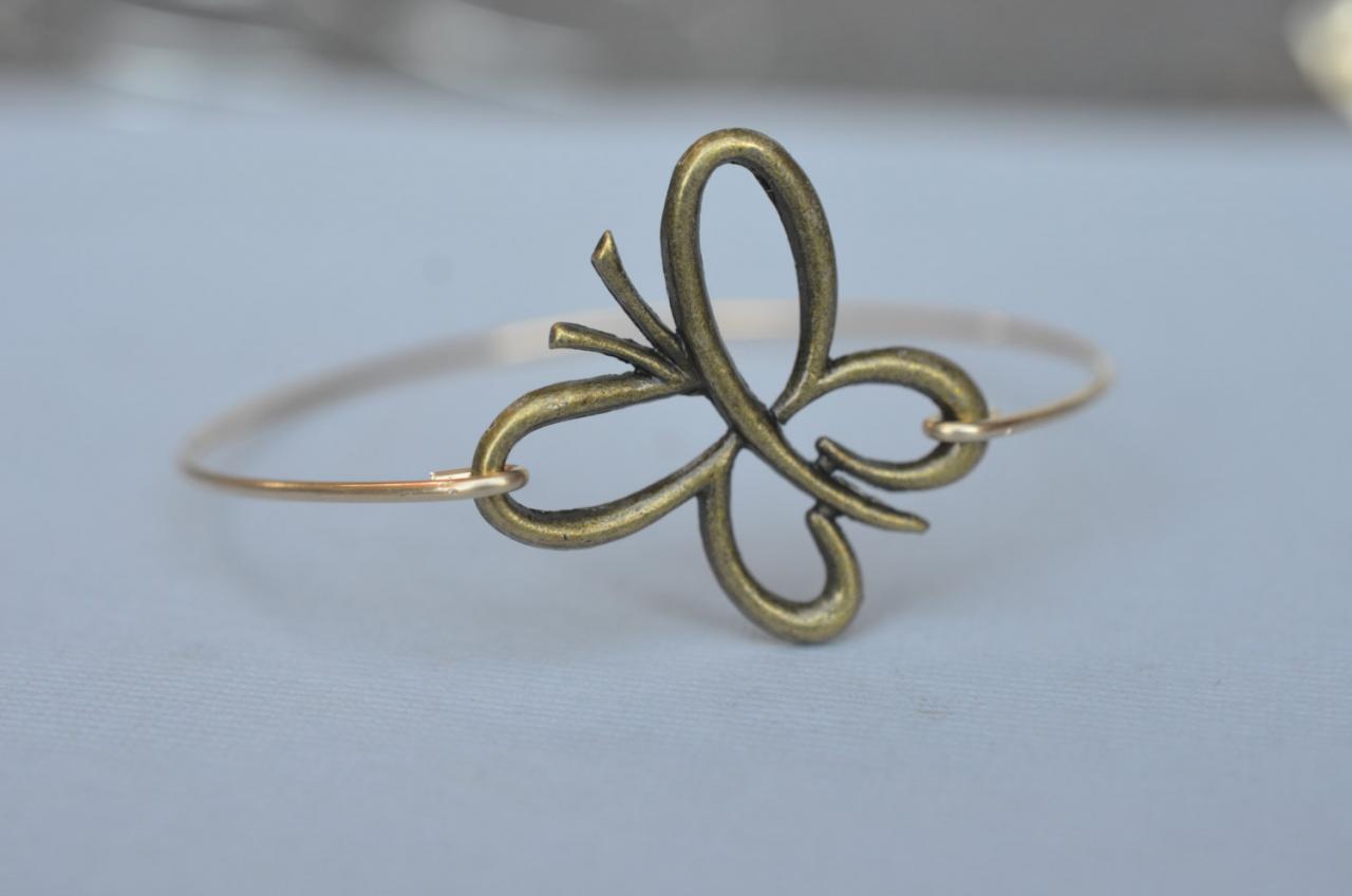 Butterfly Brass Bangle Bracelet- Bronze Bangle- Vintage Gold Bangle- Bridesmaids Gift Ideas- Casual Wear- Minimalist- Wire Bangle- Filigree