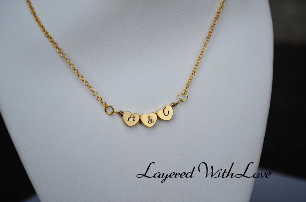 Triple Heart- Personalized Heart Necklace- Gold Necklace- Charm Necklace- Initial Necklace- Stamped Necklace- Bridesmaids Necklace