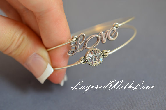 Sparkly Love Bangle Bracelet Set- Silver Love Charm Jewelry- Crystal Rhinestone- Bridesmaids Gifts- Minimalist Jewelry
