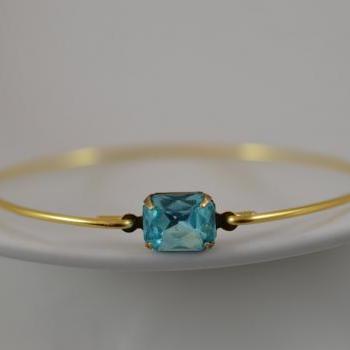 Light Sapphire Vintage Glass Bangle Bracelet- Gold Bangle Bracelet- Stone Bangle- Bridesmaids Gifts- Casual Wear- Minimalist